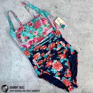 JOHNNY WAS JAPER RUCHED ONE PIECE SWIMSUIT IN FLORAL BLUE RED SMALL, LARGE NEW